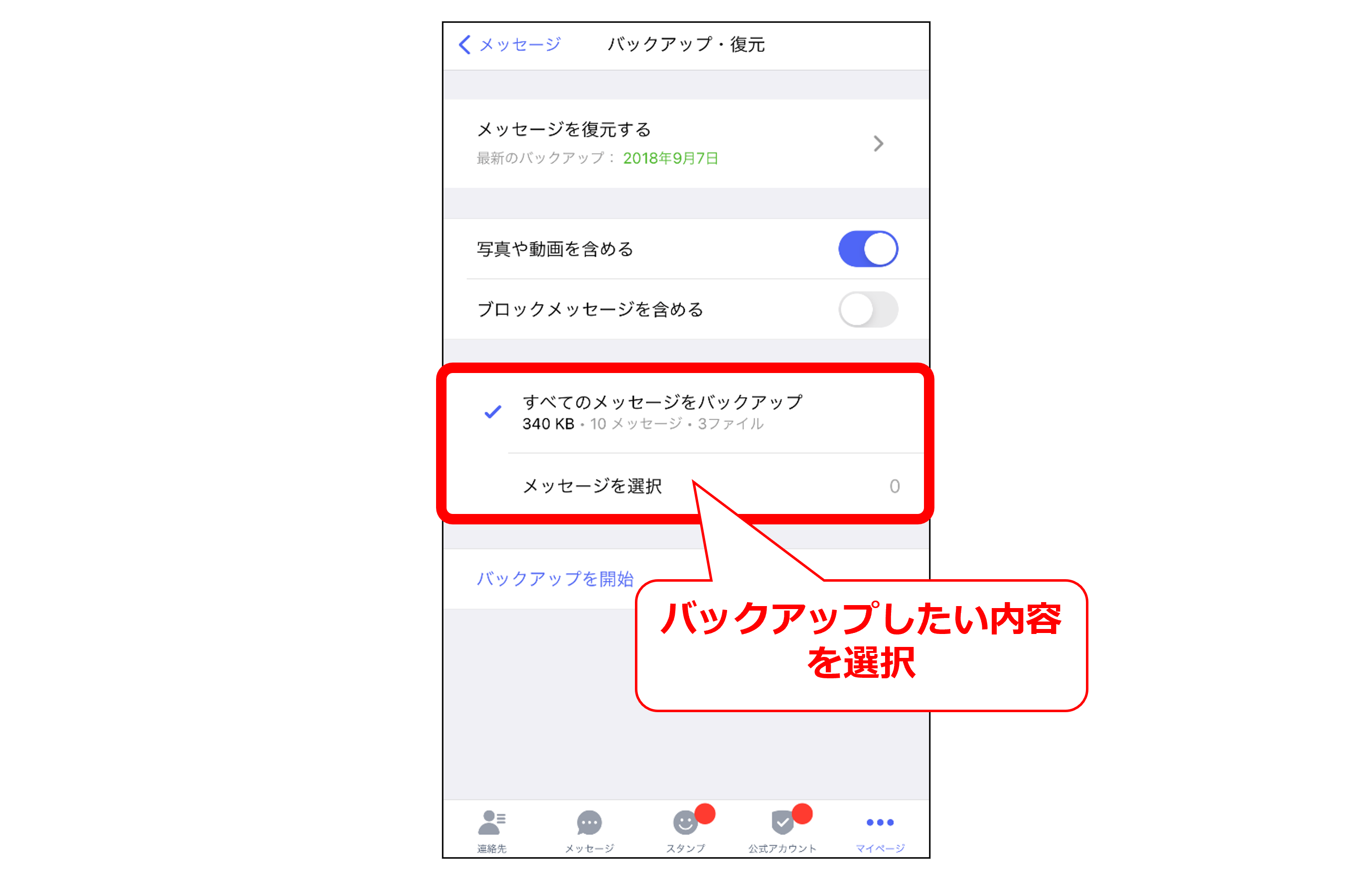 iPhoneバックアップ範囲選択