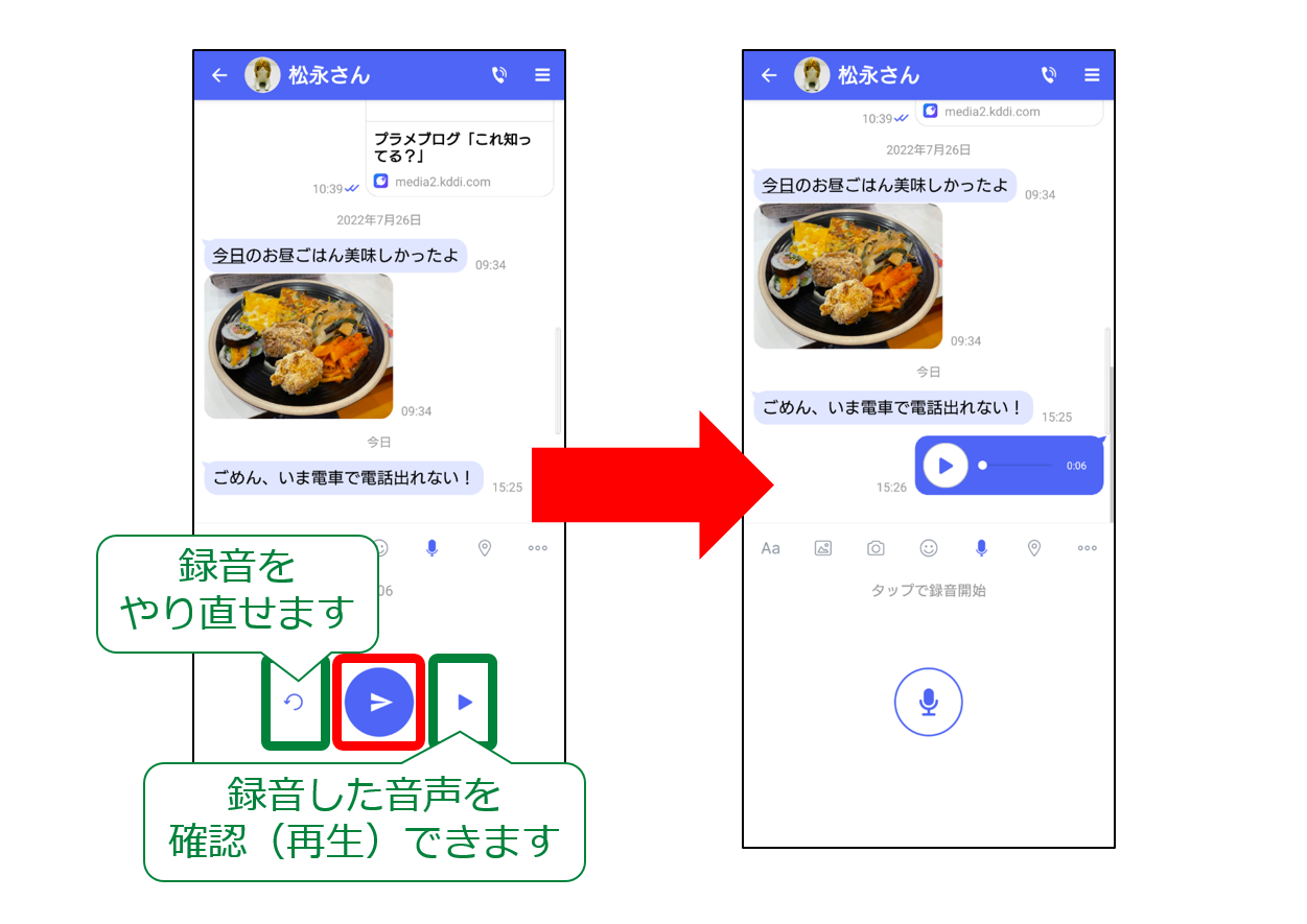 送信アイコンを選択で送信、矢印をタップで録音やり直し