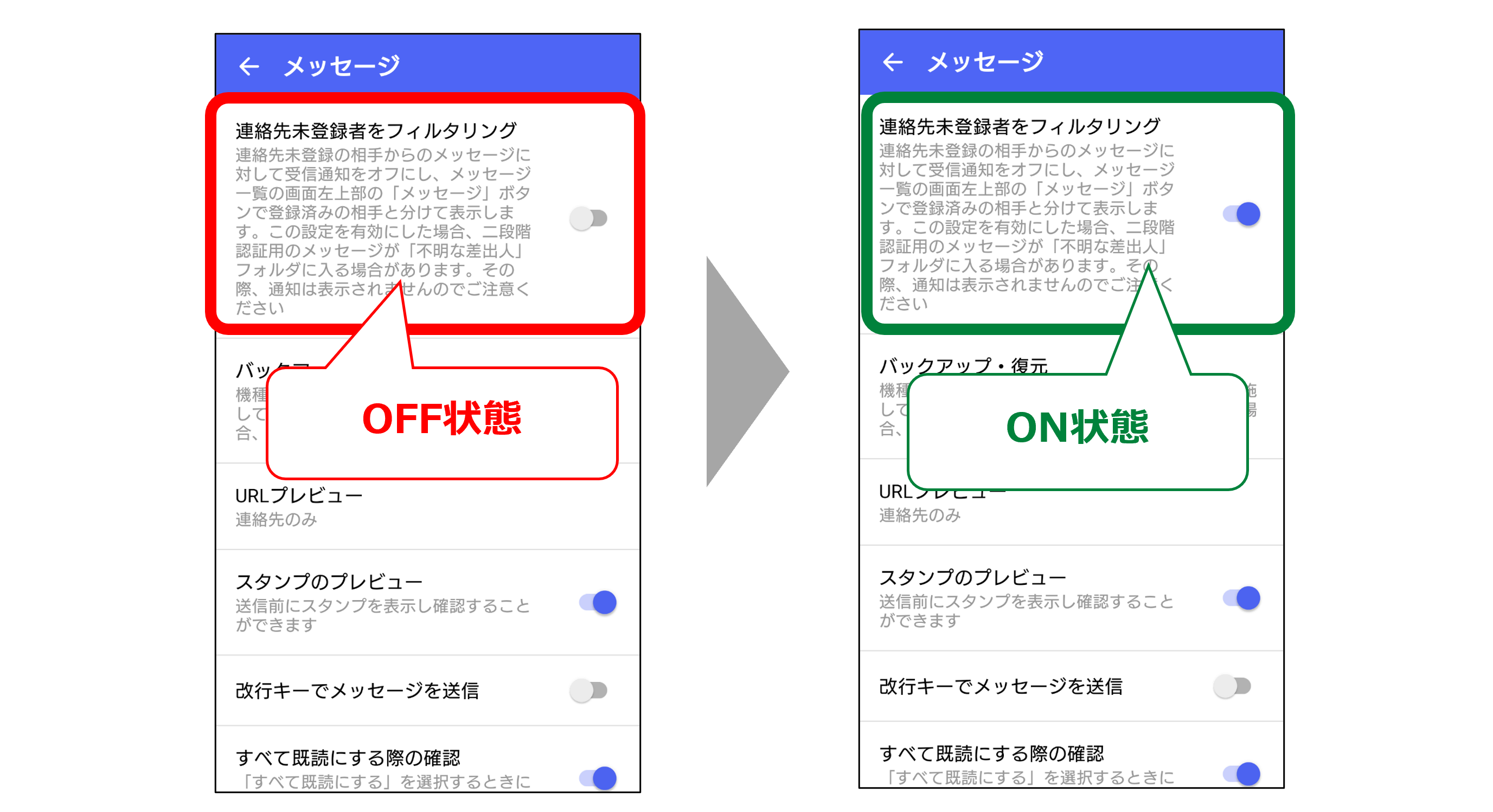 「連絡先未登録者をフィルタリング」機能をONの画面