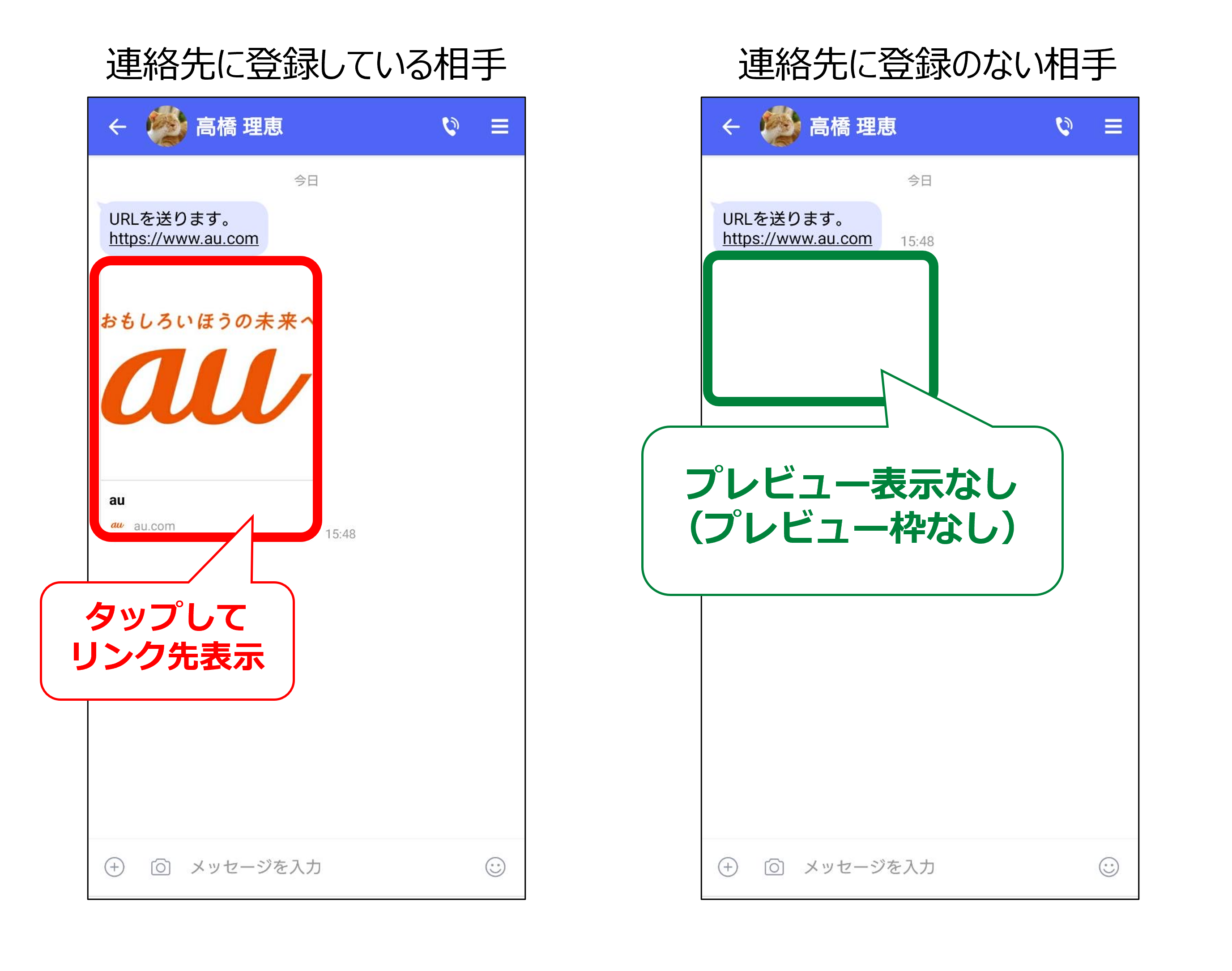 連絡先の登録有無によるURLプレビュー画面の違い